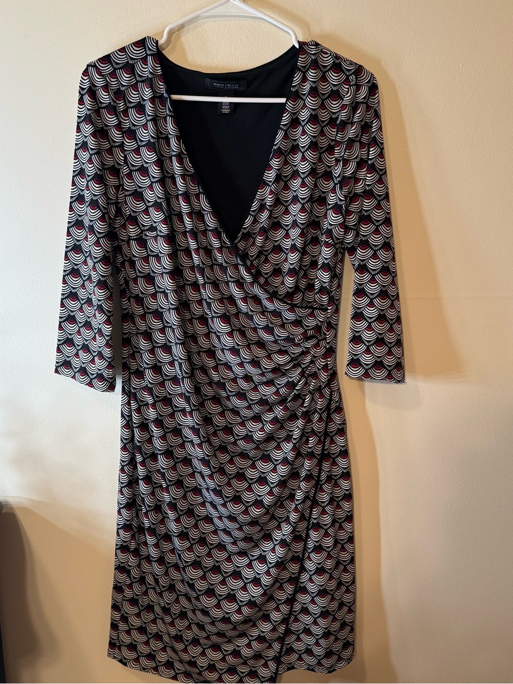 White House Black Market Black Faux-Wrap Dress with Pink & White Pattern